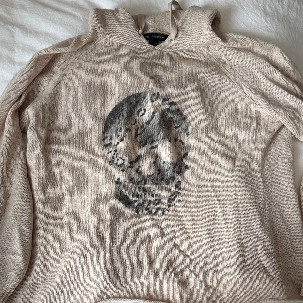 Beige Skull Cashmere Graphic Hoodie Sweater